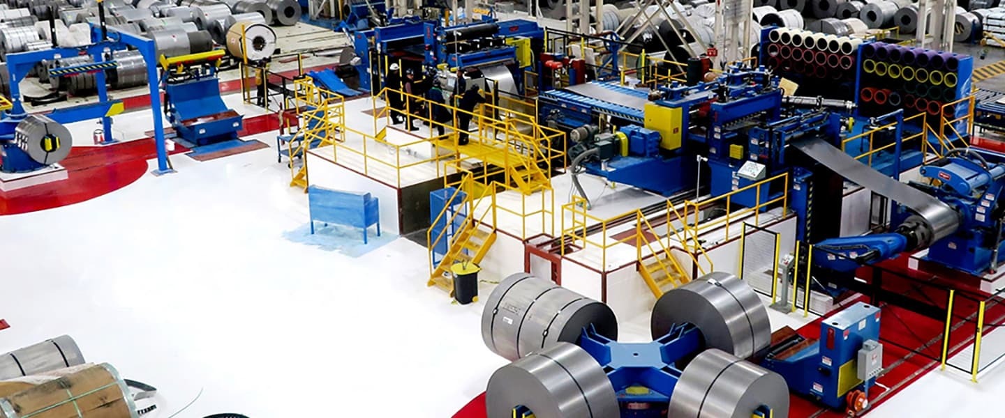 <p>Aerial shot of manufacturing warehouse using coil processing equipment from Braner USA</p>